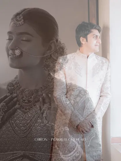 An artistic double exposure portrait blending the bride's serene, smiling profile with the groom's thoughtful portrait. This creative technique beautifully symbolizes their two hearts becoming one.