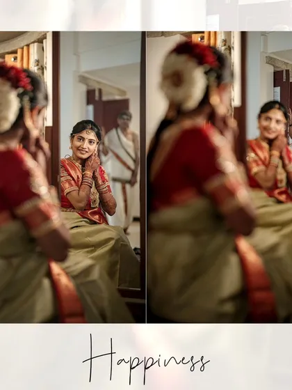 A creative and heartwarming mirror shot, capturing the bride's happy reaction as she sees the groom's reflection behind her for the first time on their wedding day.