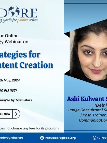 I was thrilled to be invited by ADORE Global to host a webinar on 'Strategies for Content Creation'. Sharing my knowledge on how to craft compelling stories and engage audiences is one of my passions.