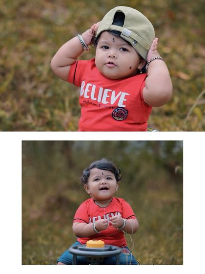 A playful outdoor baby photoshoot featuring a baby in a red shirt and a cap. These portraits capture the fun and expressive personality of a toddler exploring the world.