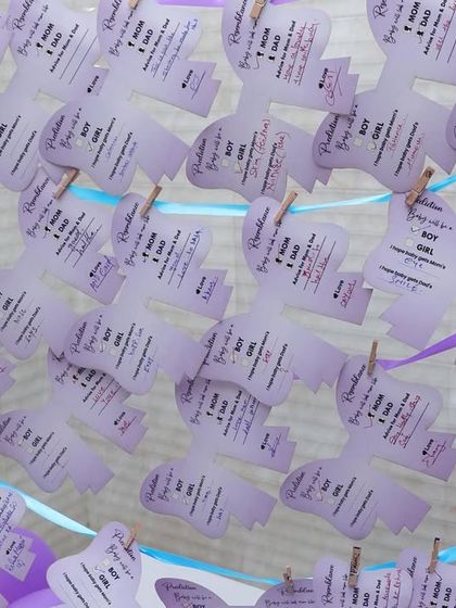 For our bow-themed shower, we created these adorable teddy bear-shaped prediction cards. Guests' wishes were clipped onto a display for everyone to see, adding to the decor.