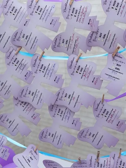 For our bow-themed shower, we created these adorable teddy bear-shaped prediction cards. Guests' wishes were clipped onto a display for everyone to see, adding to the decor.