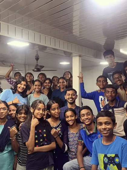 A happy group selfie capturing the enthusiasm of our students during the royal blue day of Navratri.