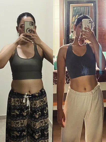 This is Kripa's amazing transformation, achieved without focusing on weight loss. We targeted inch loss and body recomposition, resulting in a significant reduction in stomach fat and a beautifully sculpted midsection. This shows the power of tailored workouts.