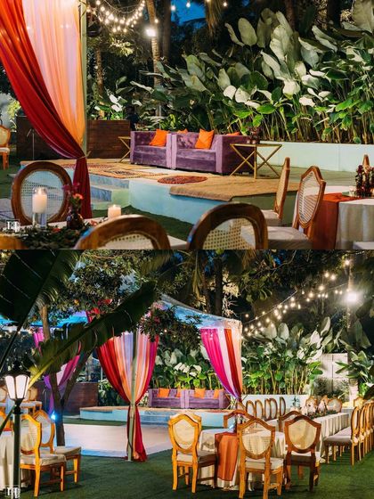 The perfect setting for a pre-wedding cocktail party or sangeet night. The lawn provides ample space for a dance floor, while the surrounding trees, lit with elegant chandeliers and string lights, create a festive and celebratory atmosphere.