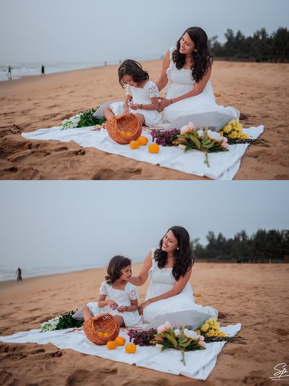 A beautiful picnic setup on the sand for a mother and daughter. The top frame shows them sharing a quiet moment, while the bottom frame captures a sweet, interactive glance, showcasing the gentle connection between them.