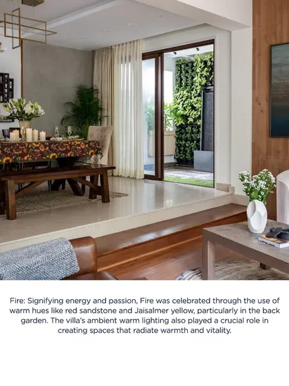 This excerpt from a feature article discusses how we used warm hues and ambient lighting to celebrate the element of 'Fire' in our Villa Tranquility project. Our designs often draw inspiration from nature to create harmonious and vital living spaces.