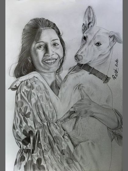 This was a lovely commission to draw a woman with her cherished pet. The joy in her expression shows the pure love between them, which I aimed to capture with my pencils.