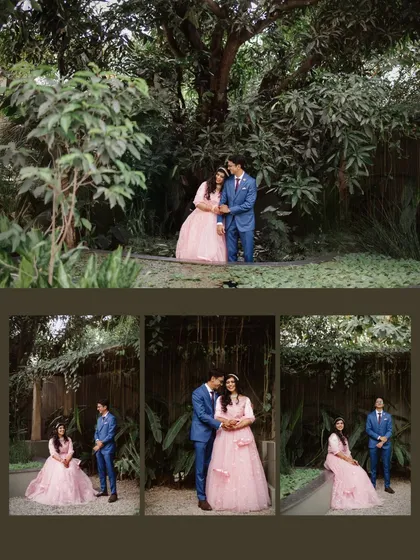 A collage of photos from an engagement shoot. The couple is seen sharing tender moments against the backdrop of our lush mango groves and rustic architecture.