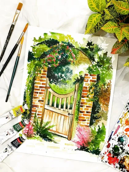 We explored lush greenery and textures in this garden gate painting from another online watercolor batch. This piece teaches techniques for painting foliage and wood.