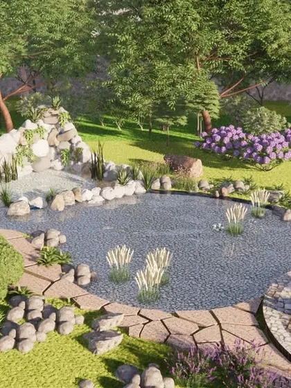 This design concept features a naturalistic pond with a small waterfall, surrounded by rocks and native grasses. It shows our ability to create organic, calming water features that mimic the beauty of nature within a residential garden.