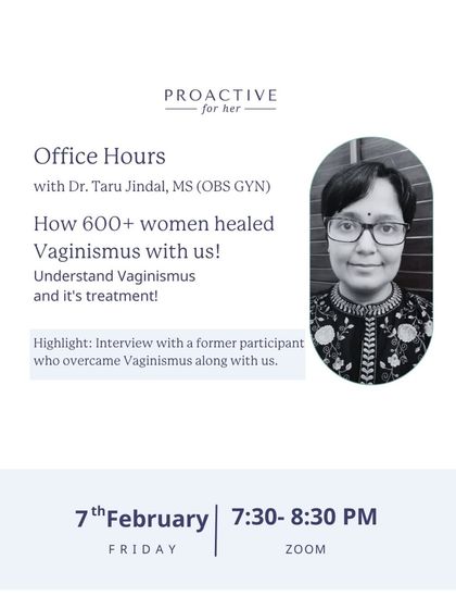 Join our free webinar with Dr. Taru Jindal, who leads our vaginismus program. She'll discuss the condition, its treatment, and you'll hear from a former participant who has healed.