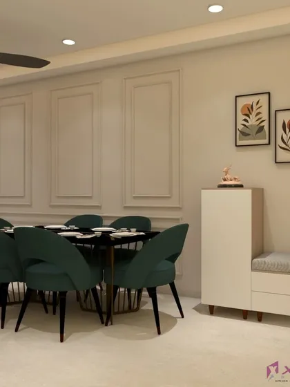 A minimalist dining space design shown in a 3D render. The clean look is achieved with simple wall moldings, modern art, and a functional shoe cabinet with a built-in seating nook.