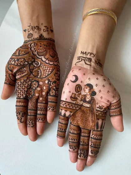 A two-hand design for Karwachauth, with a figure on one hand and a traditional pattern on the other. It's a beautiful blend of storytelling and artistry.