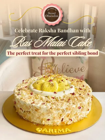 My Ras Malai Cake is a customer favorite, especially for celebrations like Raksha Bandhan. It fuses traditional Indian dessert flavors with classic cake design, topped with real ras malai pieces and garnished with nuts and edible rose petals.