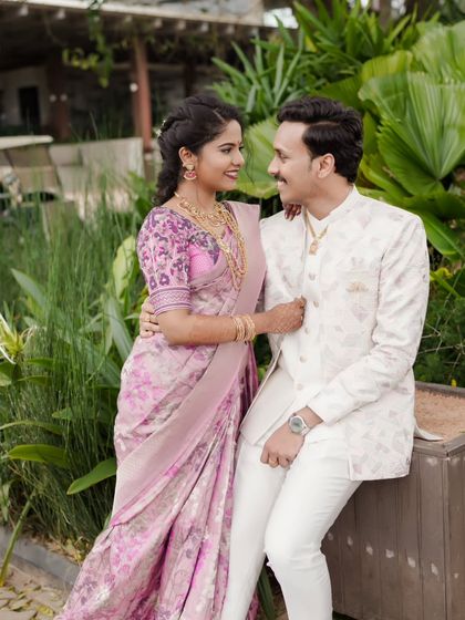 A sweet portrait of the couple at their outdoor engagement ceremony.