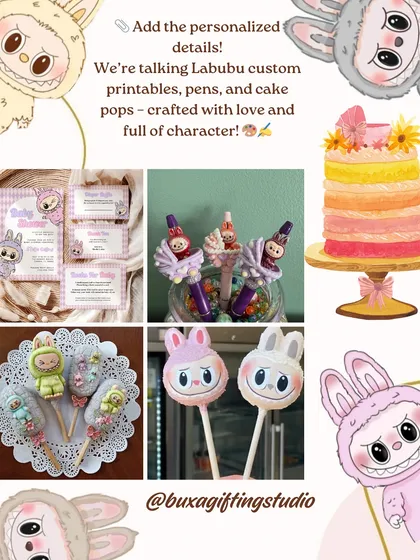 Adding personalized details to a Labubu-themed party with custom printables, pens, and cake pops.