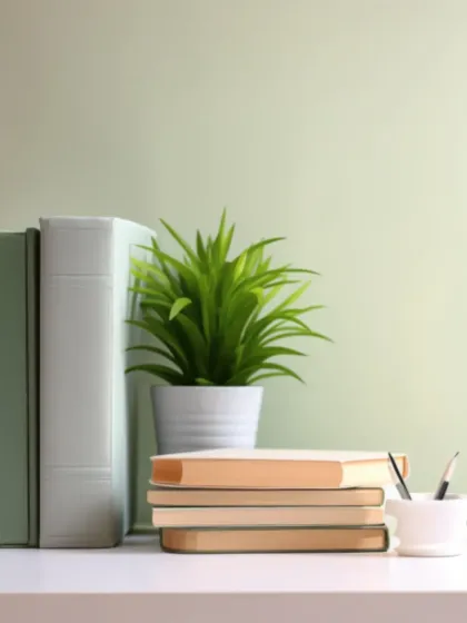 The same desk plant shown in a different context, placed among books. This demonstrates how easily our smaller plants can be integrated into existing decor to liven up a space.