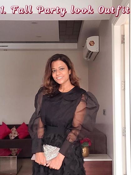 My top five outfit ideas for the fall and winter season, starting with this elegant black party dress with organza puff sleeves.