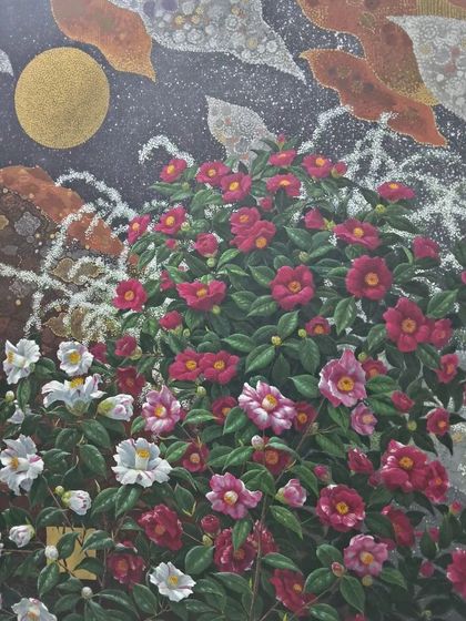 A duplicate of image 168, a vibrant painting of camellia flowers under a golden moon.