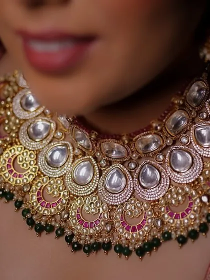 A detailed close-up of the bride's magnificent Kundan and Polki necklace, showcasing the exquisite craftsmanship of her bridal jewelry.