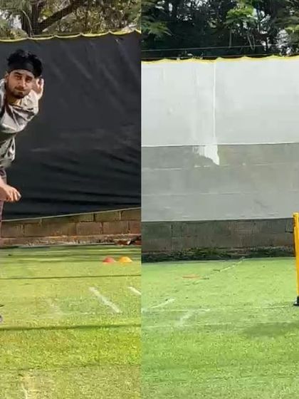 Another angle showing the correction of a leg spinner's poor alignment. The 'after' image demonstrates a strong, upright body at the stride, which is essential for generating spin and control.