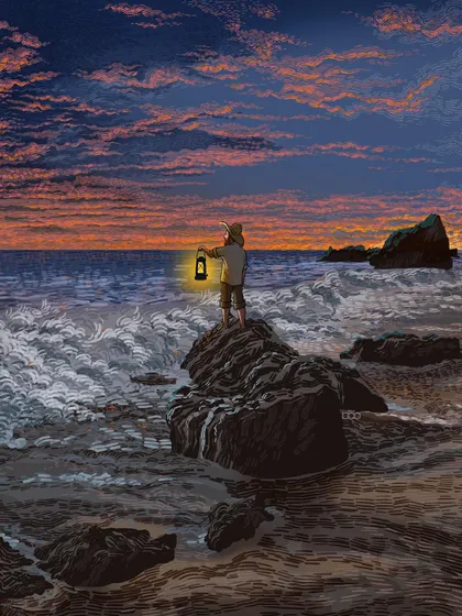 A solitary figure stands on the rocks against a raging sea, holding a lantern. This piece is about being a source of light for others, even when you are alone and facing the overwhelming forces of life.