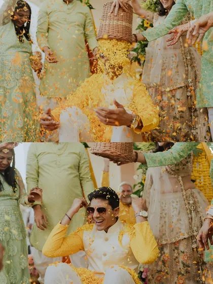 A collage of the groom's haldi ceremony, where he is playfully doused in flower petals. His cool reaction, putting on sunglasses, captures his fun-loving personality.