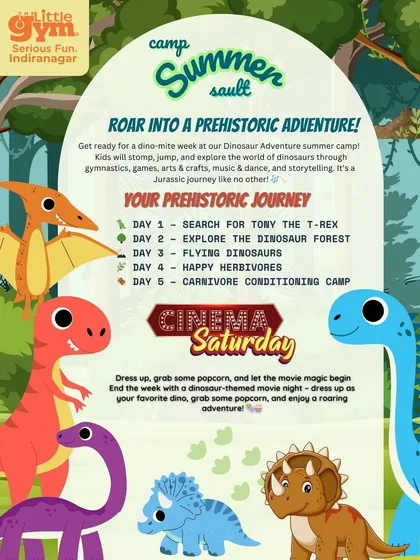 Our "Dinosaur Adventure" camp is a journey back in time! Each day brings a new prehistoric quest, from searching for a T-Rex to exploring a dino forest, all through fun gymnastics, games, and storytelling.