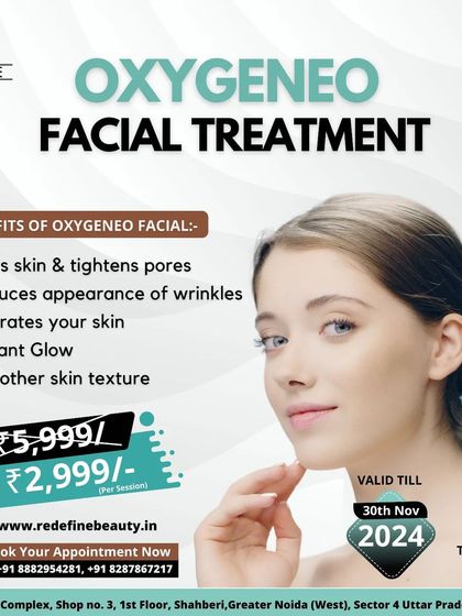 The Oxygeneo Facial is a 3-in-1 super facial that exfoliates, infuses, and oxygenates the skin. This promotional graphic highlights its benefits, such as firming skin, reducing wrinkles, and providing an instant glow.
