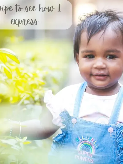 A bright and happy outdoor portrait of a one-year-old girl. Using natural surroundings as a backdrop creates vibrant and lively photos that capture a child's exploratory nature.