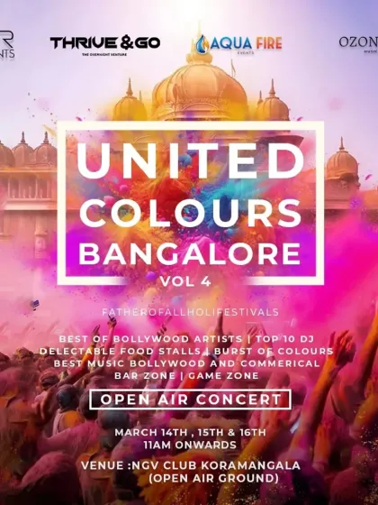 Another poster for the massive UCB Holi festival, highlighting the top DJs, live dhol, and other attractions.
