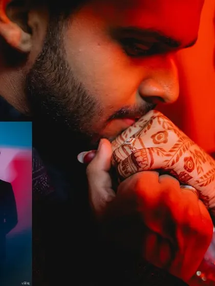 A collage that plays with red and blue lighting to create a modern, edgy feel. The close-up of the groom kissing the bride's hand is both tender and stylish.