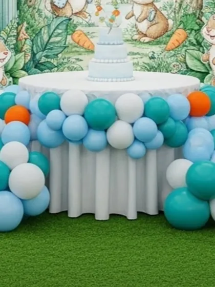 This image focuses on the cake table, which is surrounded by a garland of blue, teal, and white balloons. The backdrop features charming rabbit illustrations, tying the cake-cutting moment directly into the party's theme.