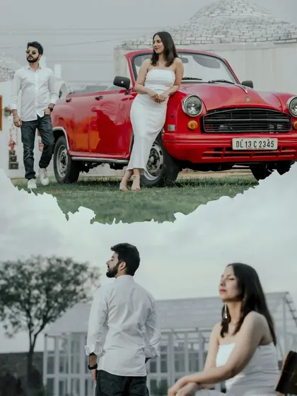 This split image shows two different scenes: one with the couple and the red convertible, and another in a more natural setting. It demonstrates the variety of shots possible in one location.