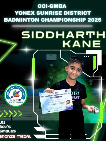We don't just teach badminton, we build champions. Here is our student Siddharth Kane from the BSNL centre, proudly showing his bronze medal from the CCI GMBA Yonex Sunrise District Championship.