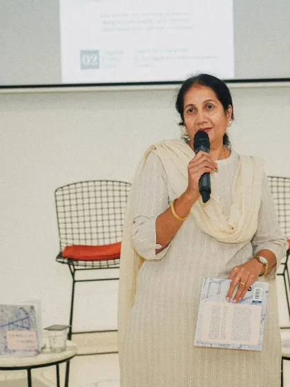 Sridevi Adlakha speaking at the book launch, sharing insights from her raw and vulnerable account of building our architectural practice.