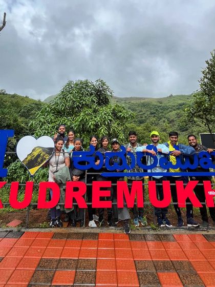 Our group at the "I Love Kudremukha" sign. It's a must-have photo to remember this incredible adventure.
