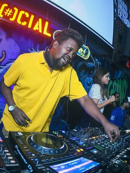 A fisheye lens shot of Bobkat on the decks, capturing the dynamic energy of the night.