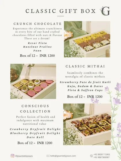A breakdown of our Classic Gift Box contents for Diwali. This menu shows our Crunch Chocolate, Classic Mithai, and Conscious Collection options with pricing.