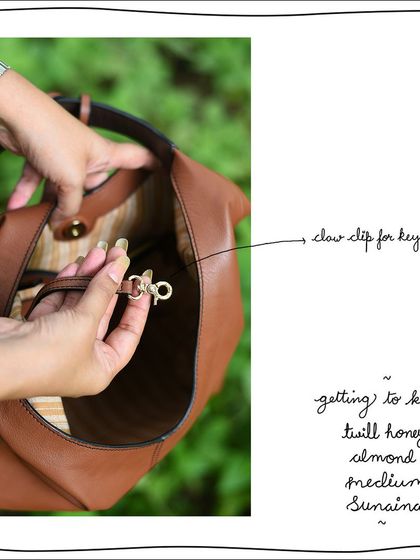 The practical claw clip for keys, shown here inside the Twill Honey Almond Medium Sunaina.