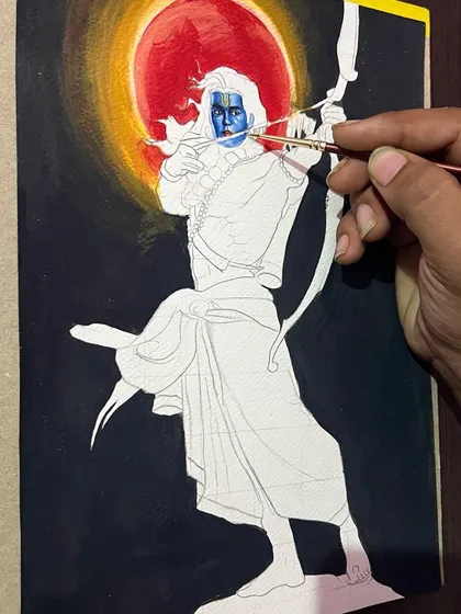 The painting of Shree Ram in progress. Here, I am just starting to add the blue color to his skin over the initial sketch.