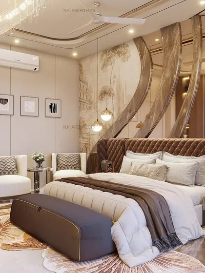 Drenched in tones of brown and beige, this bedroom is all about timeless luxury. The bed wall features a striking mix of mirror and marble curves, while the TV wall has soft, fluted details in a rich matte PU finish.