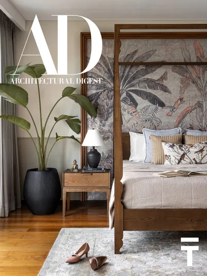 The master bedroom of The Collector's Retreat, as seen in our Architectural Digest feature. This shot captures the serene and layered feel of the space.