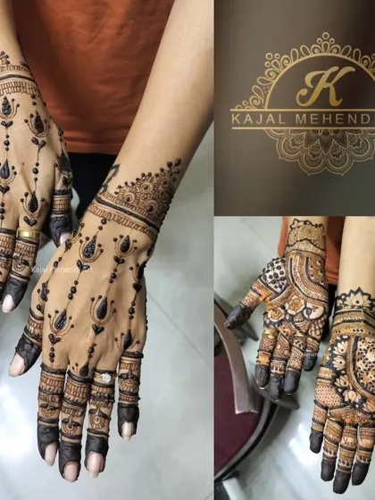 A collage showing the front and back of a guest's mehndi. This demonstrates how we can create a cohesive look with different patterns.