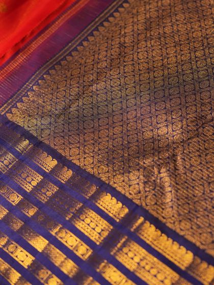 The rich brocade pallu of the red and blue Kanjivaram, a testament to the weaver's artistry.