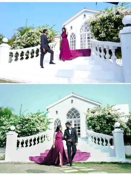 A "happily ever after" moment, with the groom leading his bride down the steps of the beautiful white chapel set.