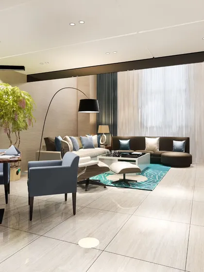 Our interior design philosophy centers on creating luxurious and harmonious living spaces. This rendering of a combined living and dining area highlights our skill in space planning, furniture selection, and creating a cohesive look with high-end decor and lighting.