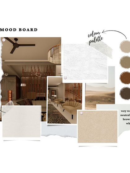 This mood board captures the warm and neutral theme of a living room project. It highlights the use of ceramics, natural textures, and an earthy color palette to create an inviting space.