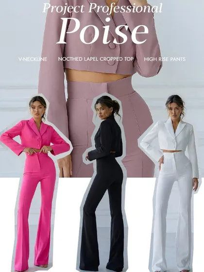 For a modern and trendy look, I create these cropped blazer co-ord sets. Featuring a V-neckline and high-rise pants, this style is perfect for making a fashion-forward statement. It's available in bold colors like hot pink, classic black, and crisp white.